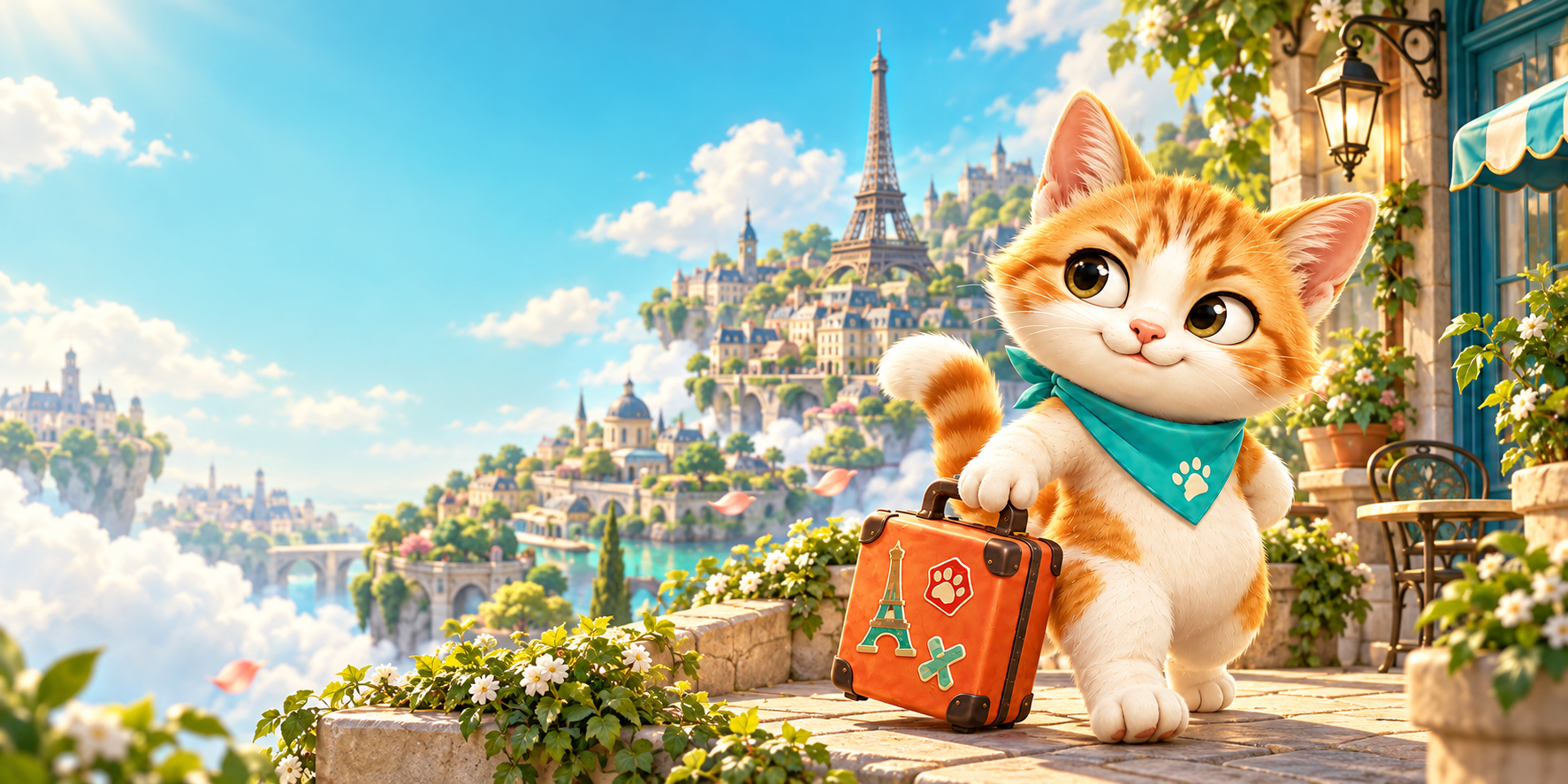 Pumpkin and a little orange suitcase, ready for an adventure in Paris